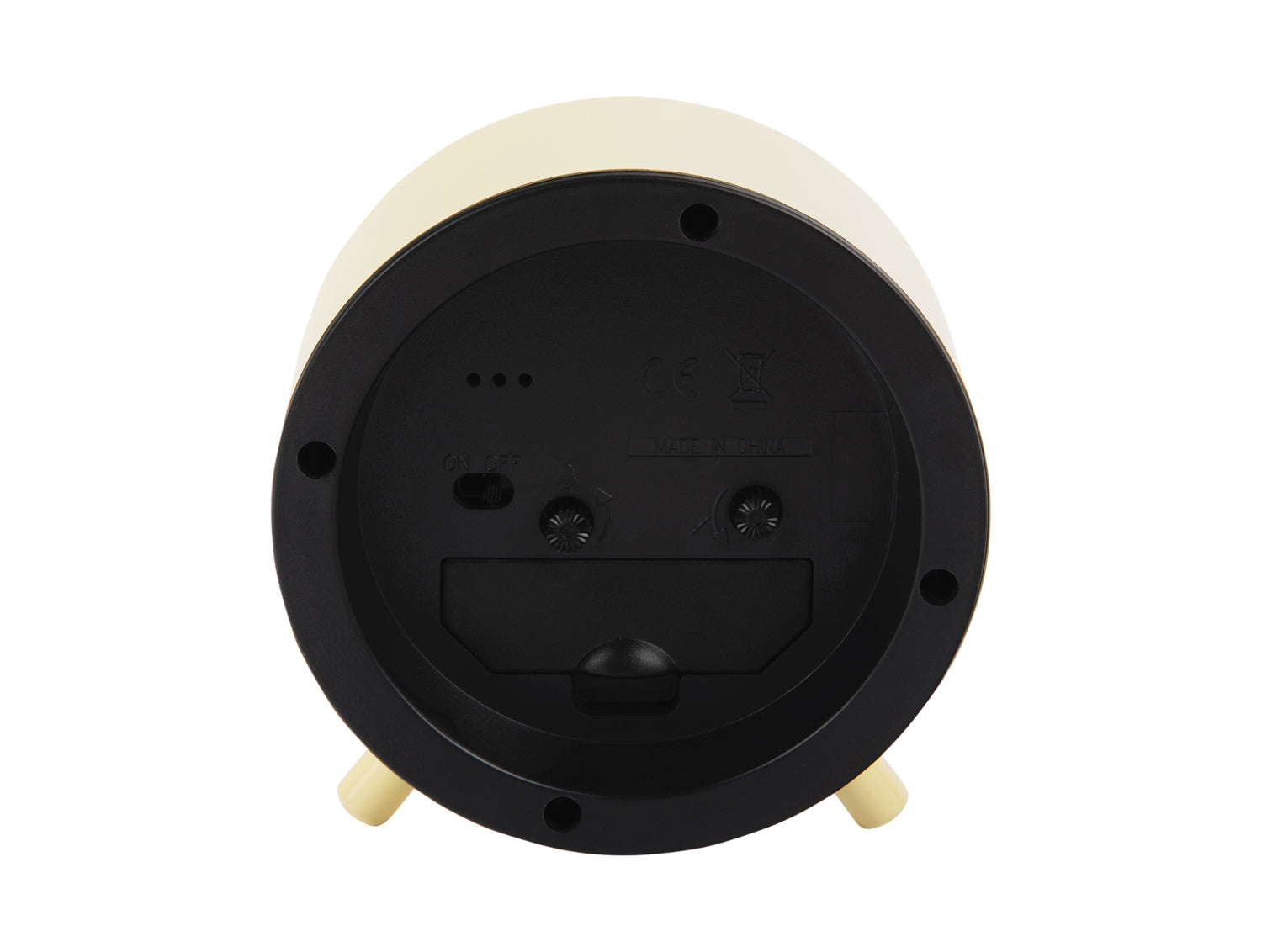 Gradient-väckarklockans undersida med batterifack och två fötter