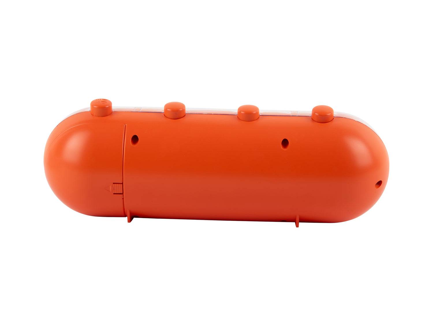 Retro orange tubväckarklocka i sidovy med urverk och knappar upptill