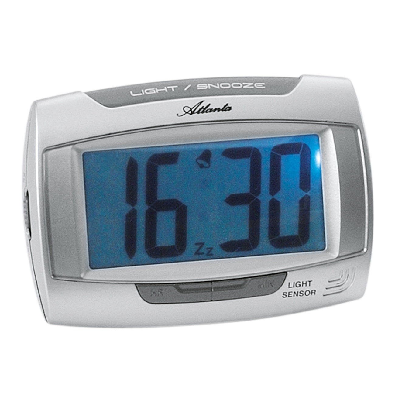 Silver digital väckarklocka med blå display och indikator för ljus/snooze