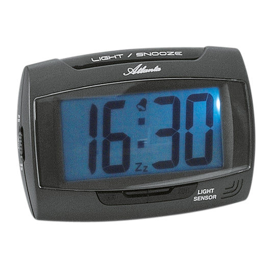 Atlanta digital väckarklocka i mörkgrått med blå display och knappar LIGHT/SNOOZE