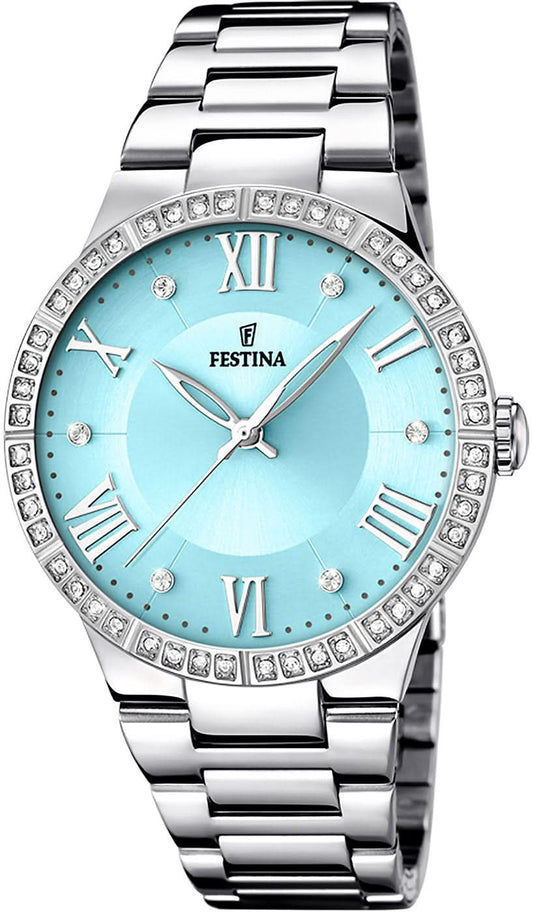 Festina damklocka med blå urtavla, romerska siffror, gnistrande steninfattning och armband i rostfritt stål