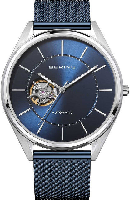 Automatisk herrklocka med blå urtavla, BERING-logotyp, blått Milanese-armband och stålboett