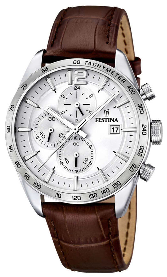 Festina kronograf med brunt läderarmband och silverfärgad urtavla