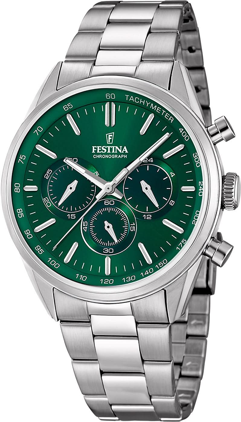 Festina herrarmbandsur med grön urtavla, kronograf och tachymeter; armband i rostfritt stål