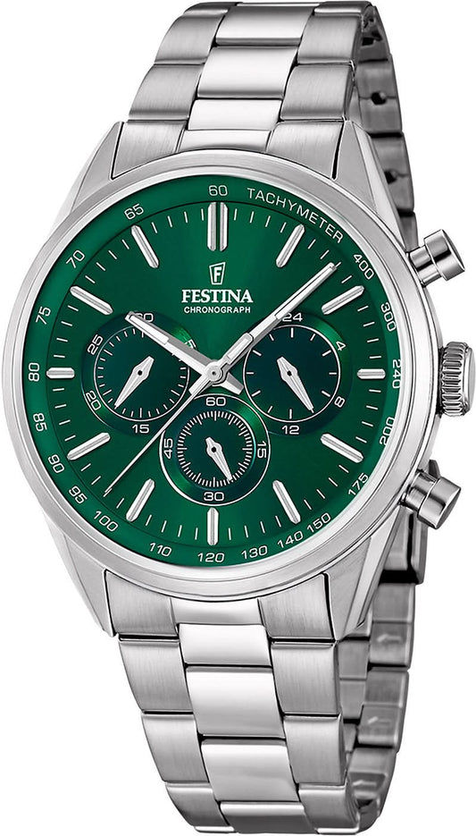 Festina herrarmbandsur med grön urtavla, kronograf och tachymeter; armband i rostfritt stål