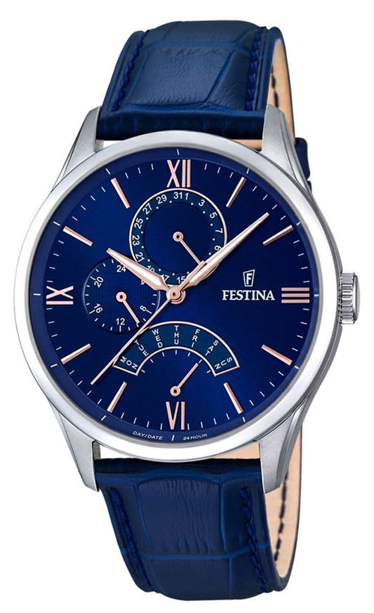 Festina herrklocka med blått läderarmband och blå urtavla