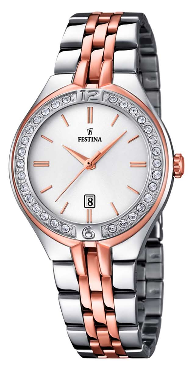 Festina damklocka: roséguldfärgat armband i rostfritt stål, silverfärgad urtavla, stenprydd infattning