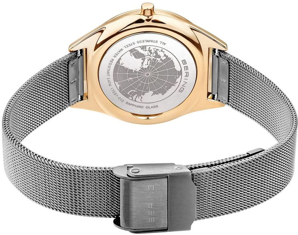 Damklocka: Boett med världskarta, silverfärgat mesh-armband, guldfärgat skydd