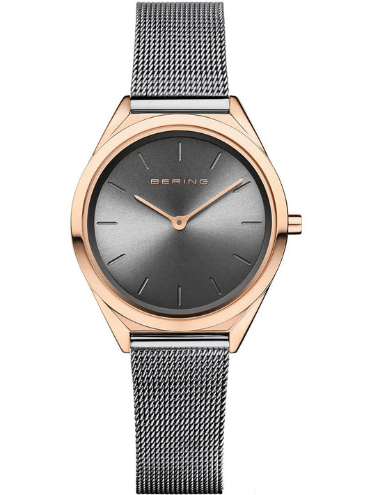 Damen-Armbanduhr mit roségoldenem Gehäuse, Milanaise-Armband und grauem Ziffernblatt