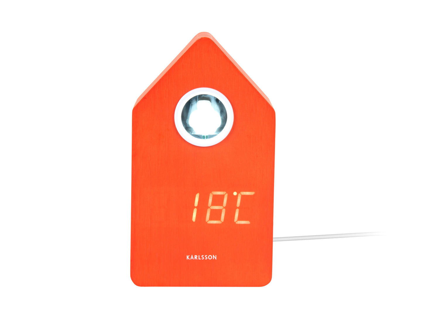 LED-gökur i orange trähus med LED-sifferdisplay