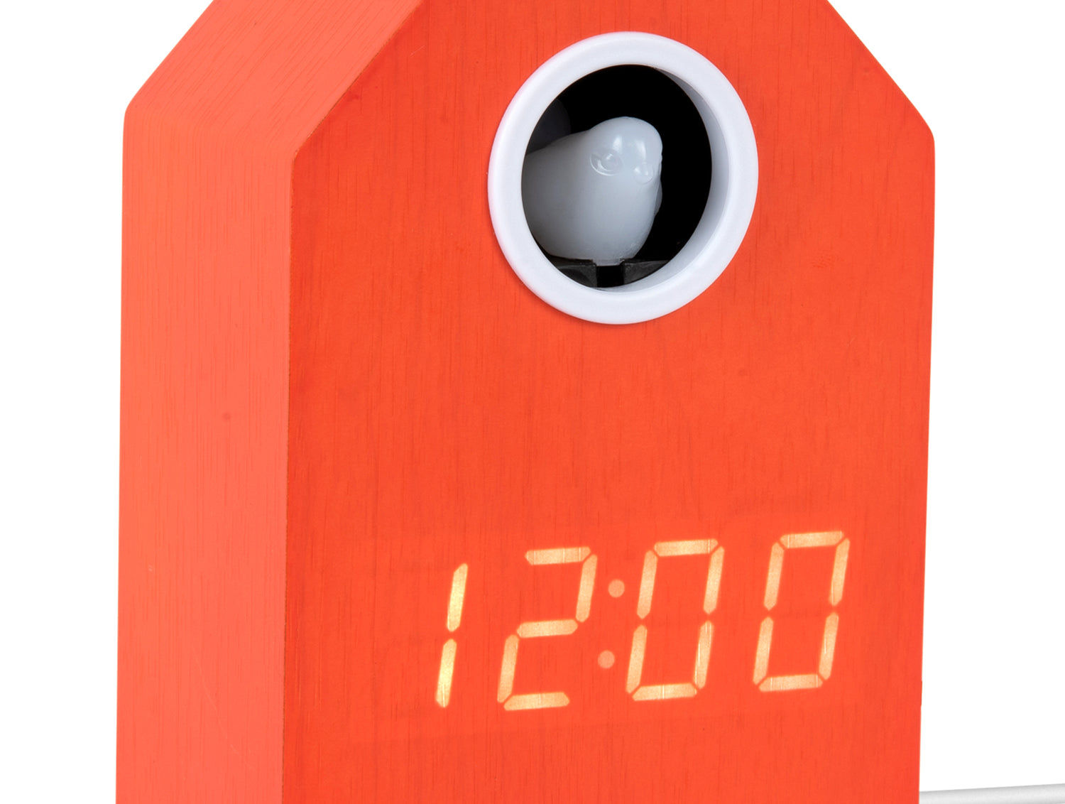 LED-gökur i orange trähus, LED-tid 12:00 i detalj