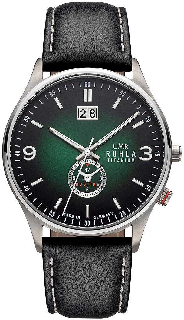 Armbandsur med svart läderarmband och svart urtavla, grön accent, datum 28