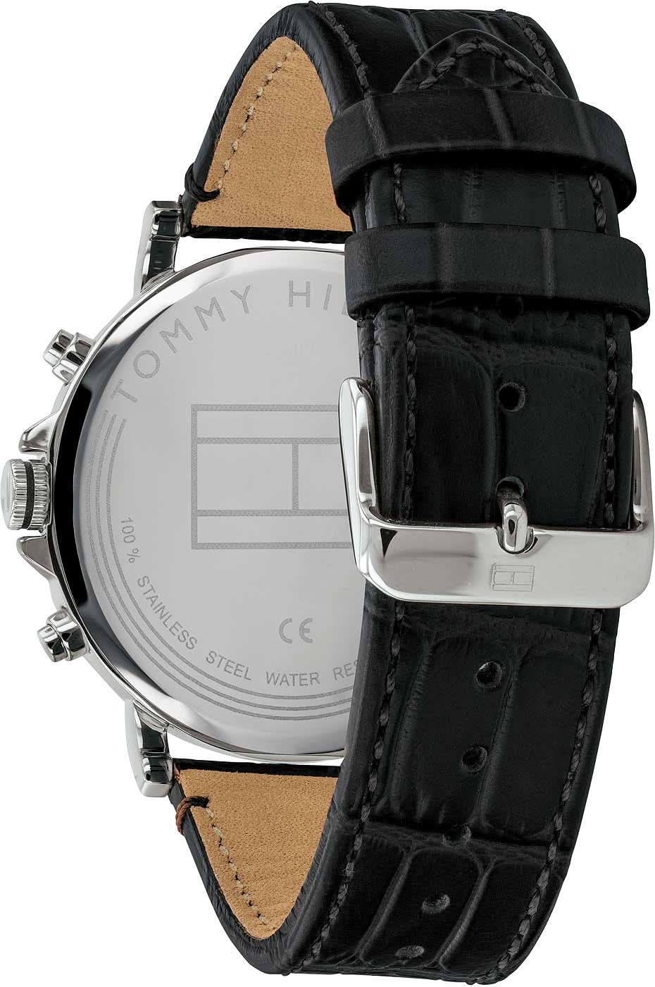 Herrklocka profil: svart läderarmband med spänne, silverfärgade boettdelar