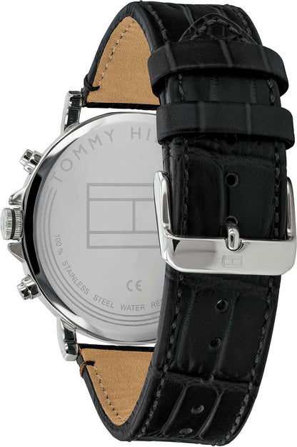 Herrklocka profil: svart läderarmband med spänne, silverfärgade boettdelar
