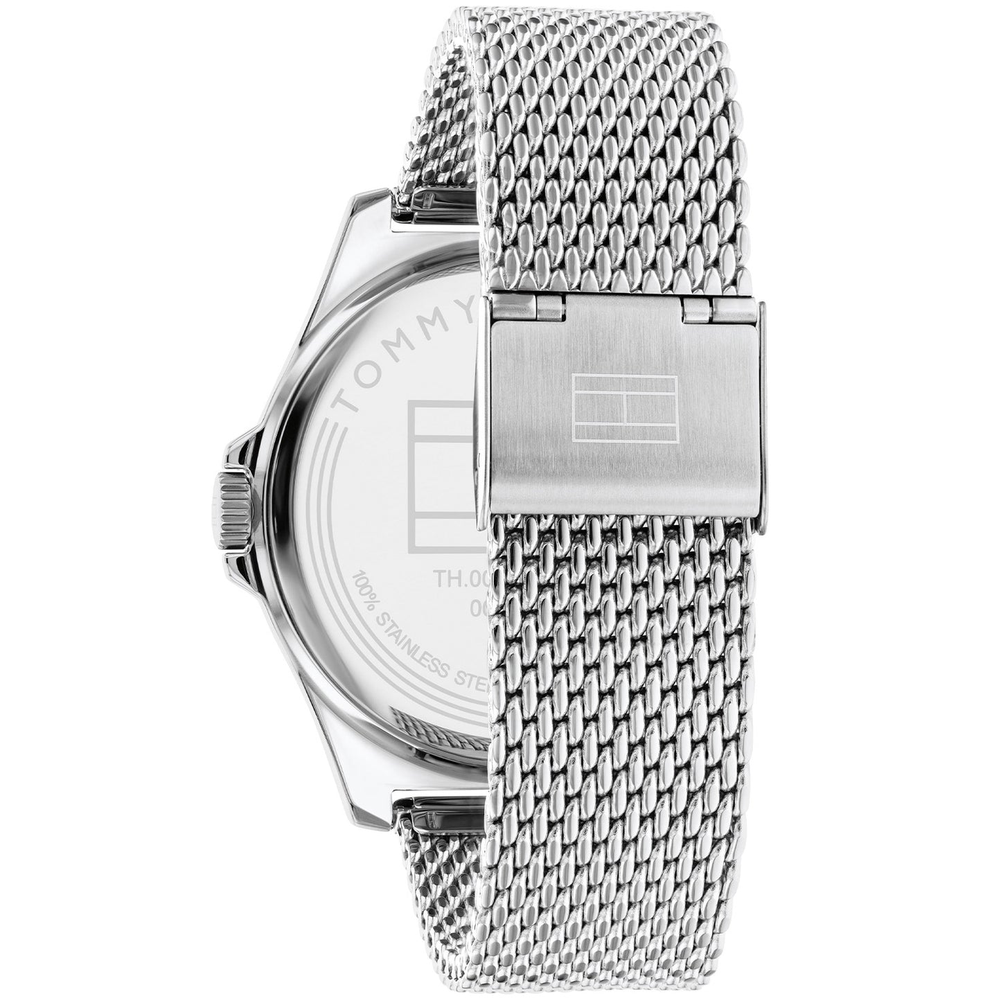 Herrenarmbanduhr, seitliche Ansicht mit Edelstahl-Meshband und silbernem Gehäuse