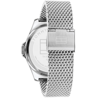 Herrenarmbanduhr, seitliche Ansicht mit Edelstahl-Meshband und silbernem Gehäuse