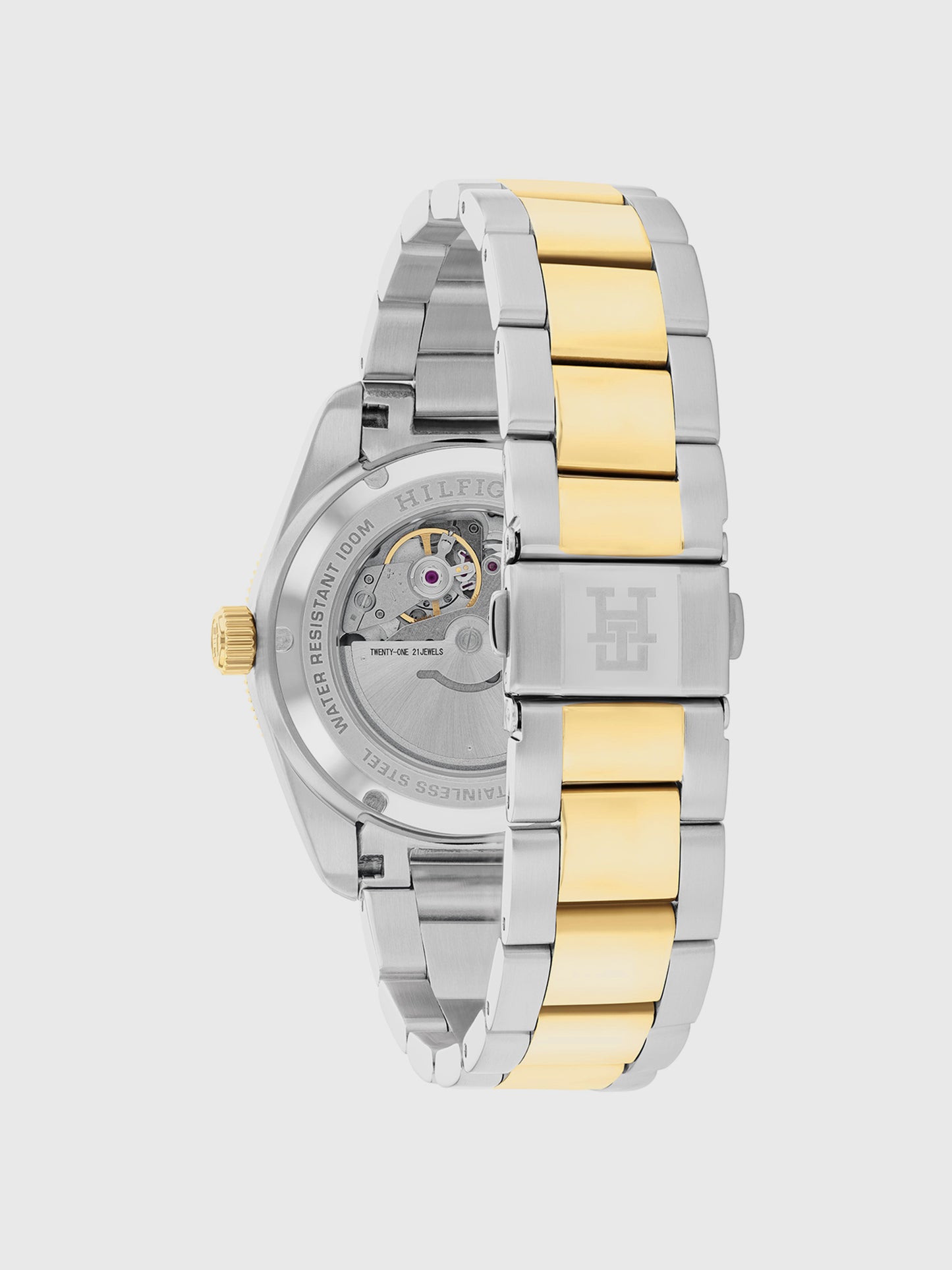 Tommy Hilfiger Herrenarmbanduhr Rückseite mit Glasboden, zweifarbiges Metallband