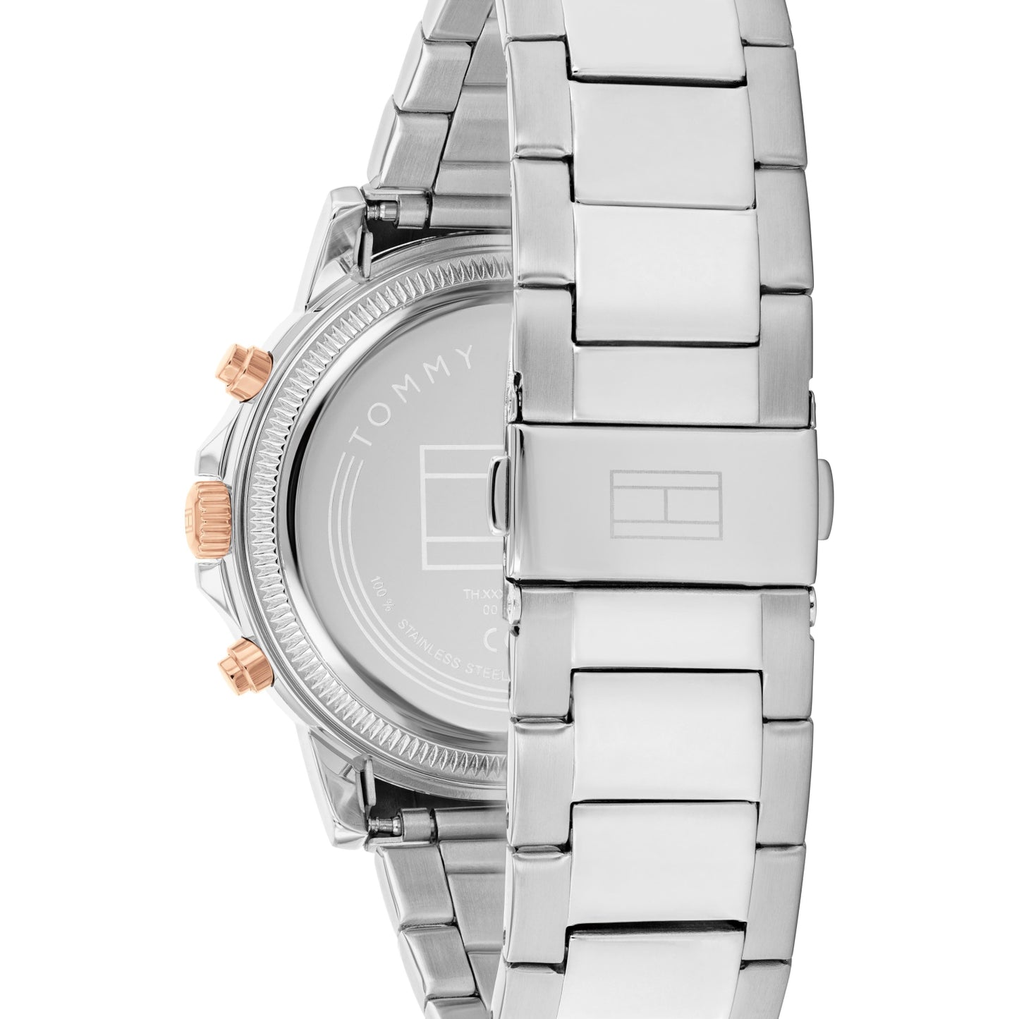 Herren-Chronograph mit silbernem Edelstahlband, Roségold-Kronen und geriffelter Lünette