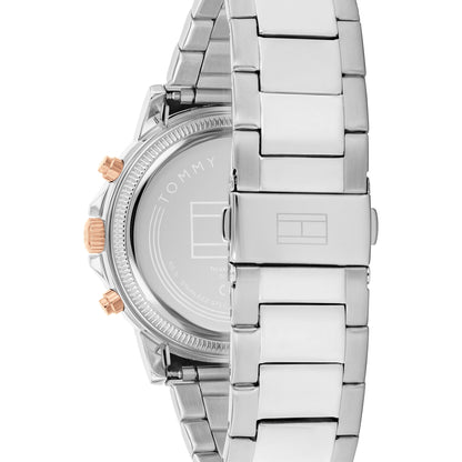 Herren-Chronograph mit silbernem Edelstahlband, Roségold-Kronen und geriffelter Lünette
