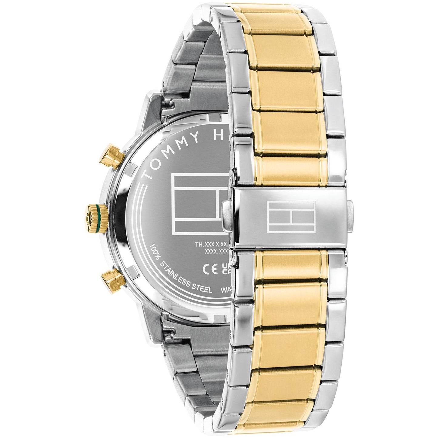 Herren-Chronograph von der Seite, Edelstahlarmband in Gold und Silber, grünes Zifferblatt