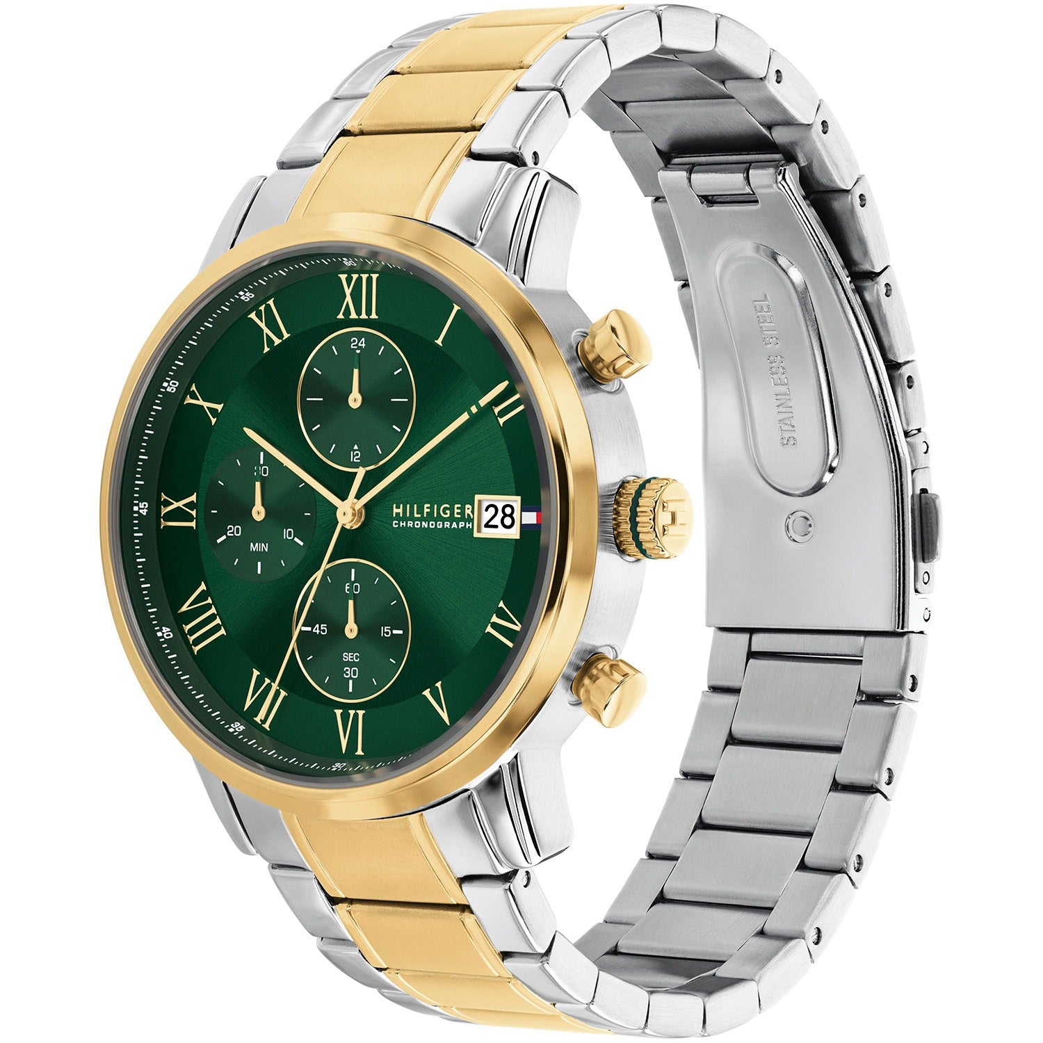 Herren-Chronograph mit grünem Zifferblatt, goldfarbener Lünette, silbernes Edelstahlarmband