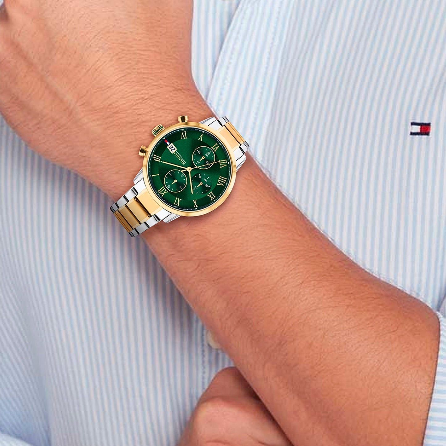 Herren-Chronograph am Handgelenk, grünes Zifferblatt, gold-silbernes Edelstahlarmband