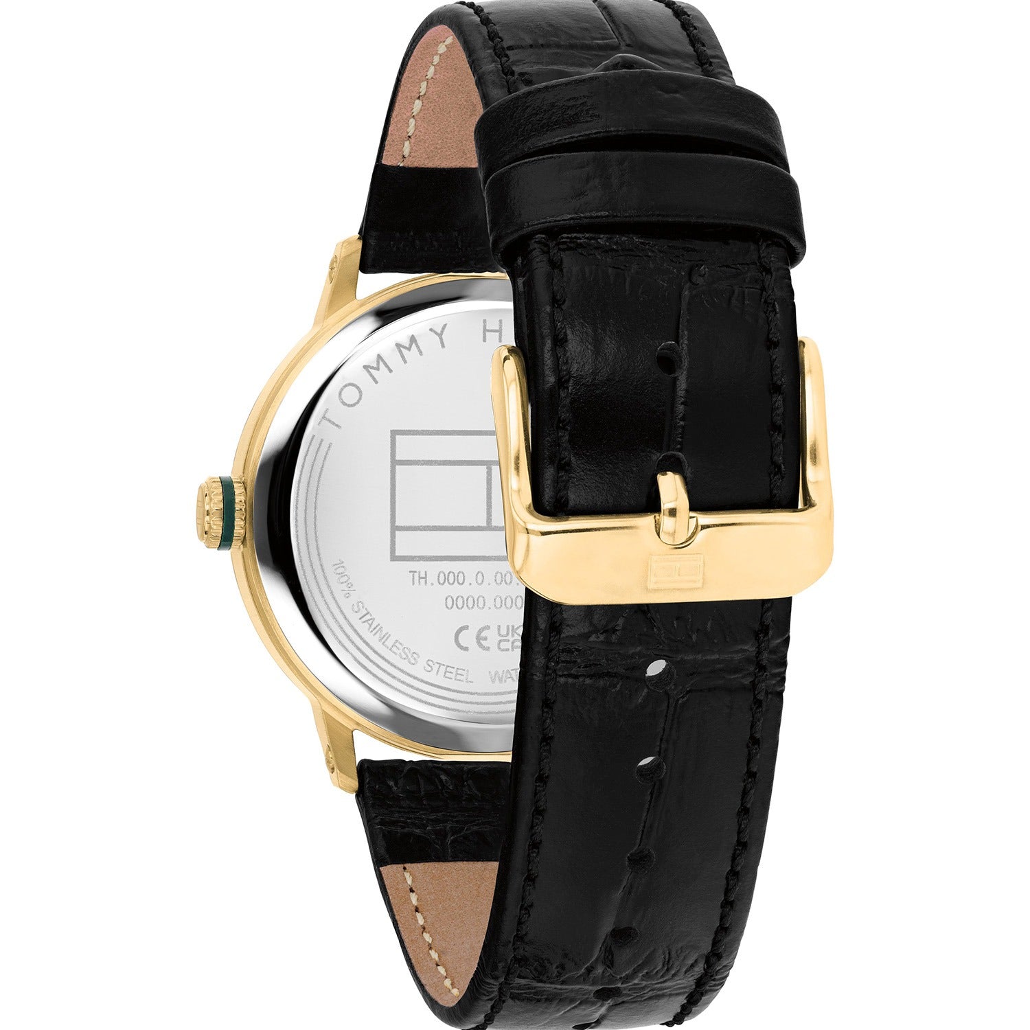 Herrenarmbanduhr Rückseite mit schwarzem Lederband und goldfarbener Gehäuseoberfläche