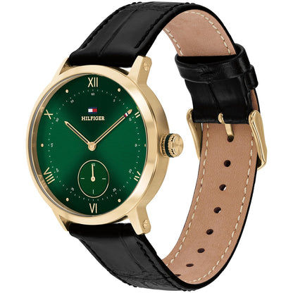 Herrenarmbanduhr Vorder- und Seitenansicht: smaragdgrünes Zifferblatt, schwarzes Lederband