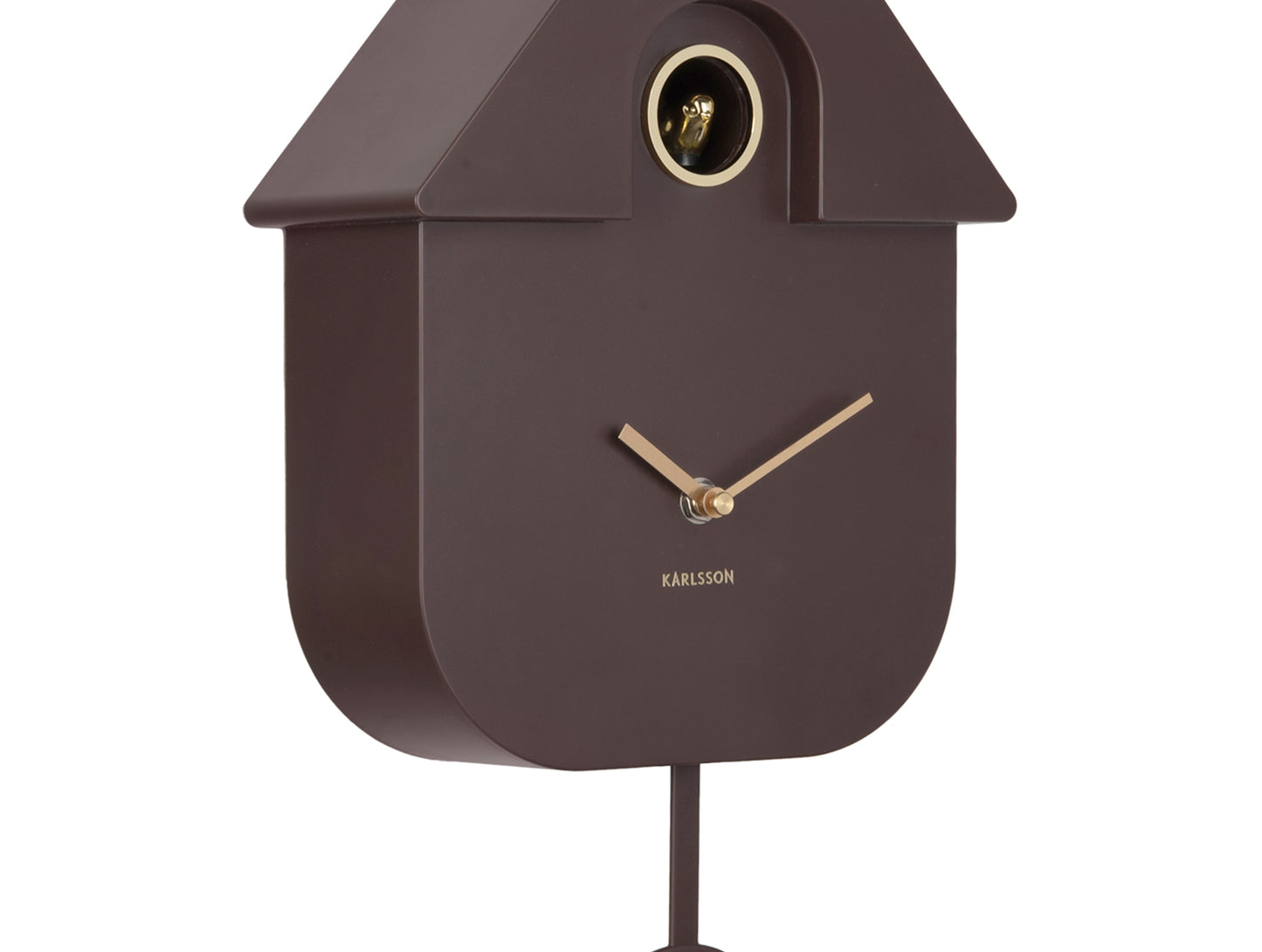 Cuckoo väggklocka i detalj, jordbrun, gyllene visare och pendel