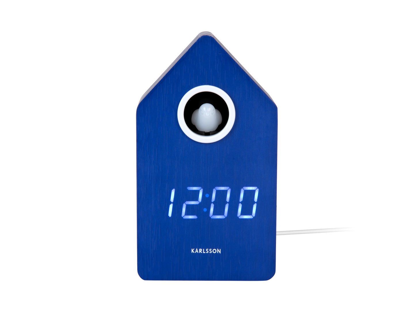 Karlsson LED-väckarklocka i gökursdesign, blått hölje med rund öppning och LED-display