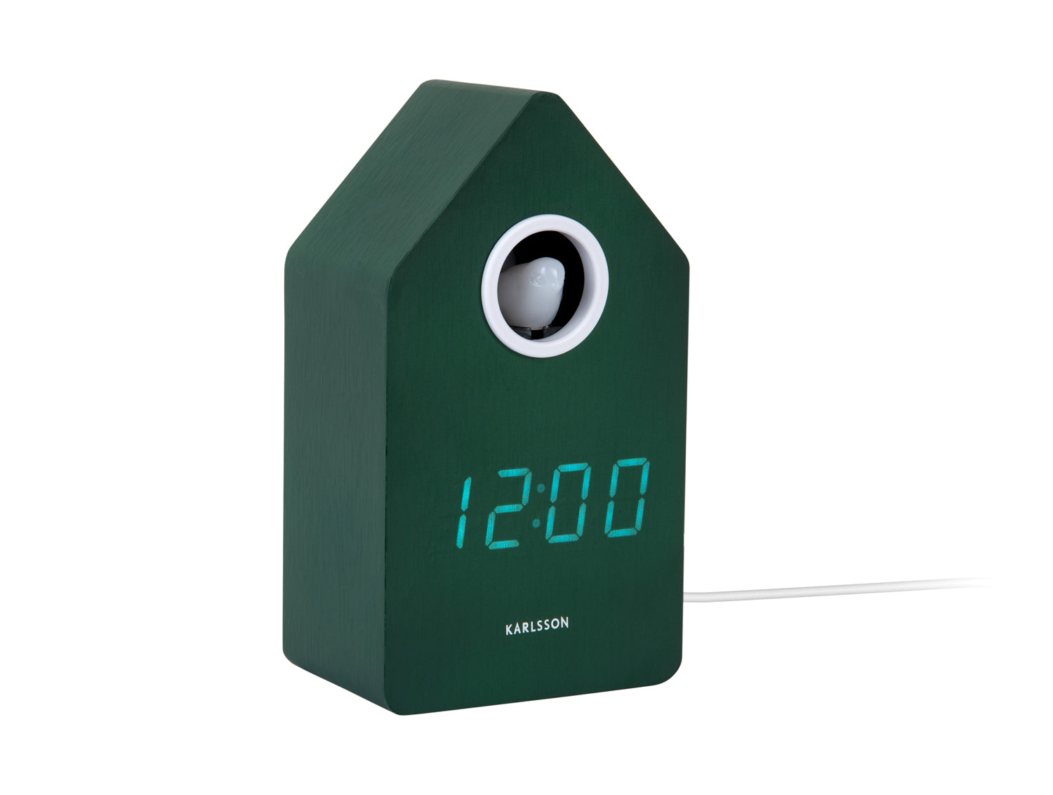 Retro LED-gökur med grönt hus, runt fönster och visning 12:00
