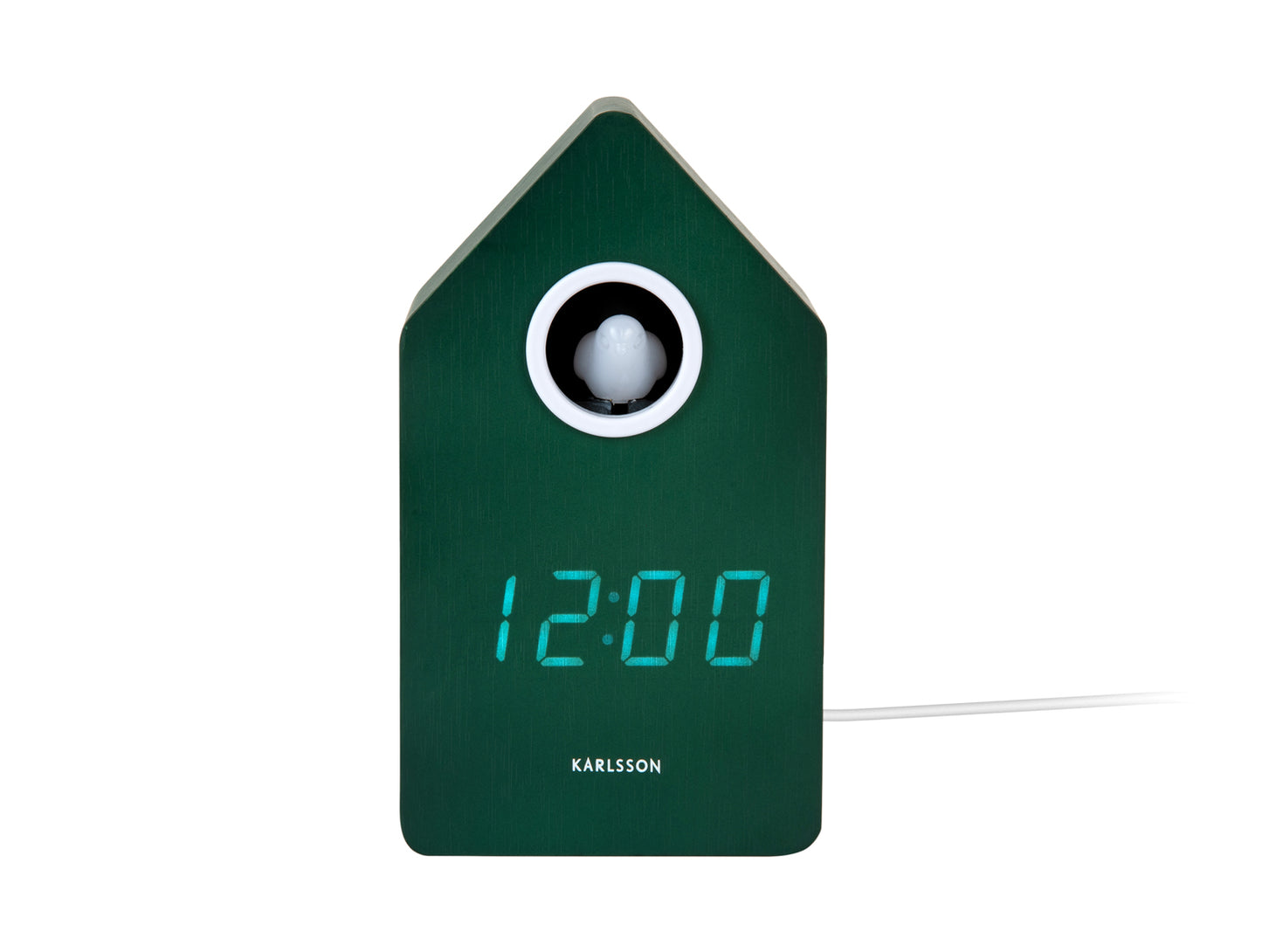 Retro LED-gökursväckarklocka med grönt hölje och LED-sifferdisplay som visar 12:00