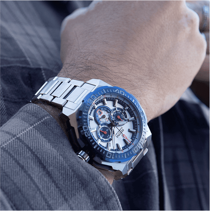 Herren-Armbanduhr mit blauem Lünette und Chronograph, Edelstahlarmband