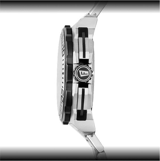 Seitenansicht einer Herren-Armbanduhr mit Edelstahlgehäuse und Chronograph-Funktionen