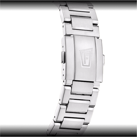 Herren-Edelstahlarmbanduhr mit Gliederarmband, Gehäuseboden mit Chrono-Logo