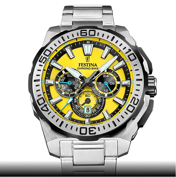 Herren-Armbanduhr mit gelbem Zifferblatt, Chronograph, Edelstahlband