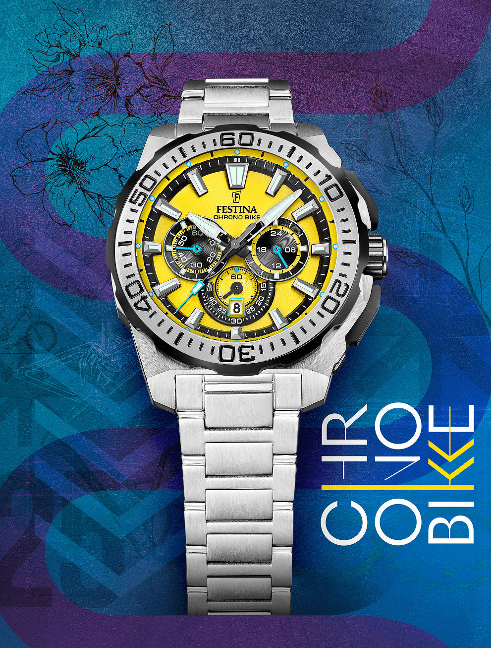 Herren-Armbanduhr mit blau-gelbem Chronographen-Zifferblatt und Edelstahlarmband