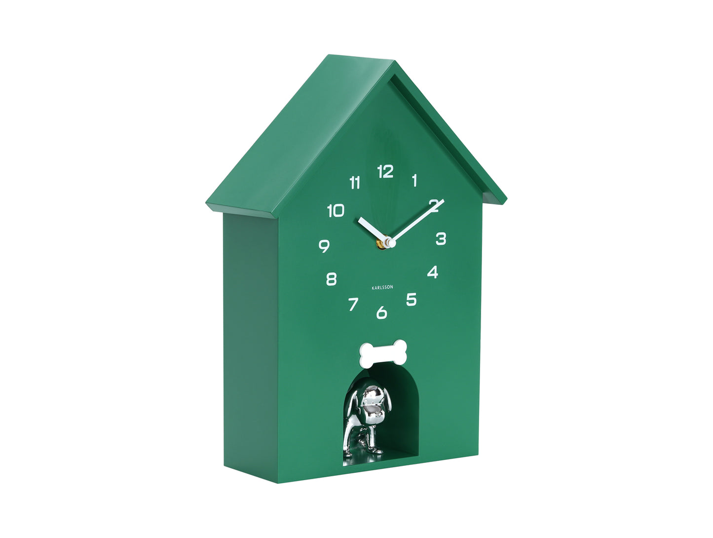 Grön väggklocka i hundkojedesign med urtavla och hundfigur