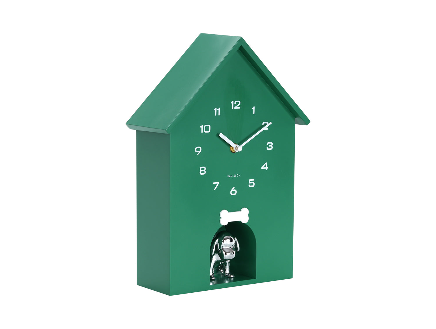 Grön väggklocka i hundkojedesign med urtavla och hundfigur