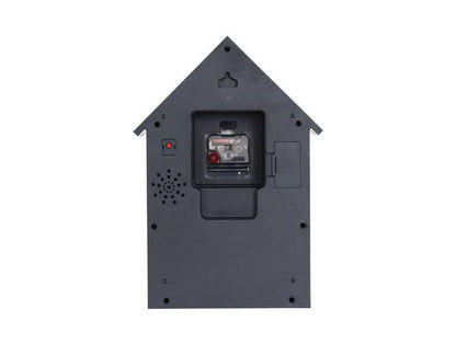 Väggklocka i hundkojedesign, mörk, med batterifack och fästpunkter