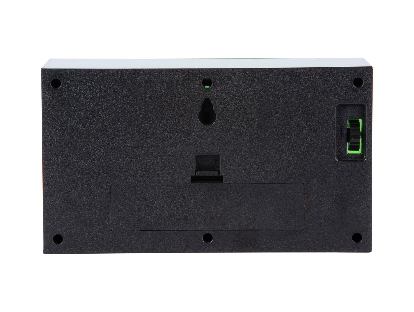 Baksida på bordsklocka: svart hölje med batterifack och display
