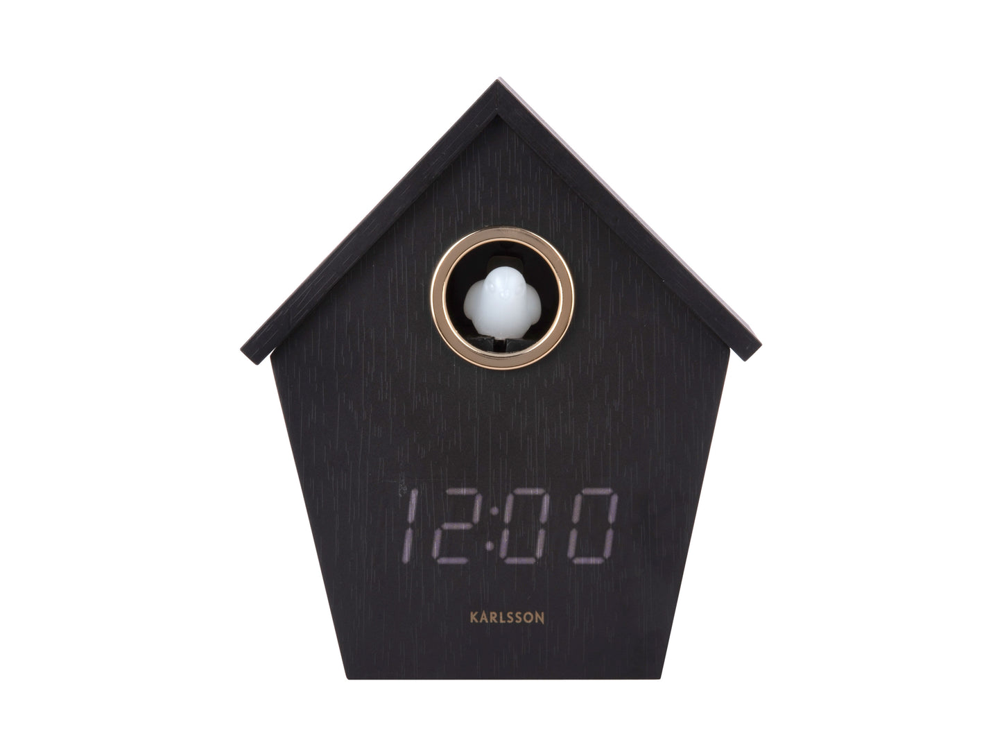 LED-gökur i mörk trälook: husform med rund öppning och display 12:00