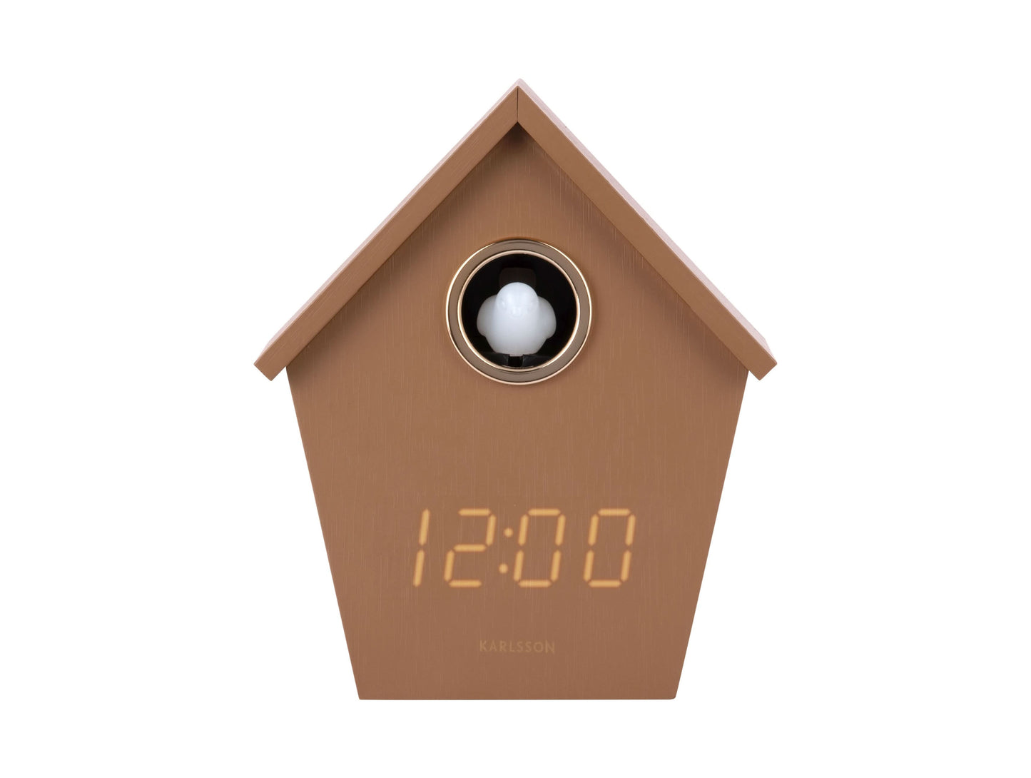 Kuckucks-LED-digitalur i hus, mocca-brun, rund öppning och LED-display