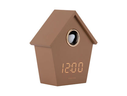 Kuckucks-LED-digitalur i hus, mockabrun, LED-sifferdisplay framtill