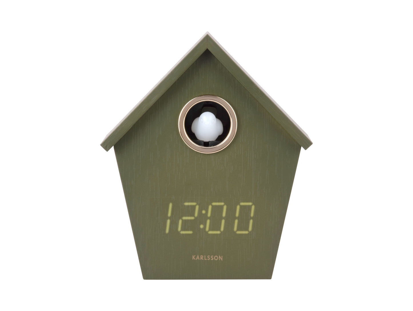 LED-gökur i husdesign, grönt hölje, runt fönster, display 12:00