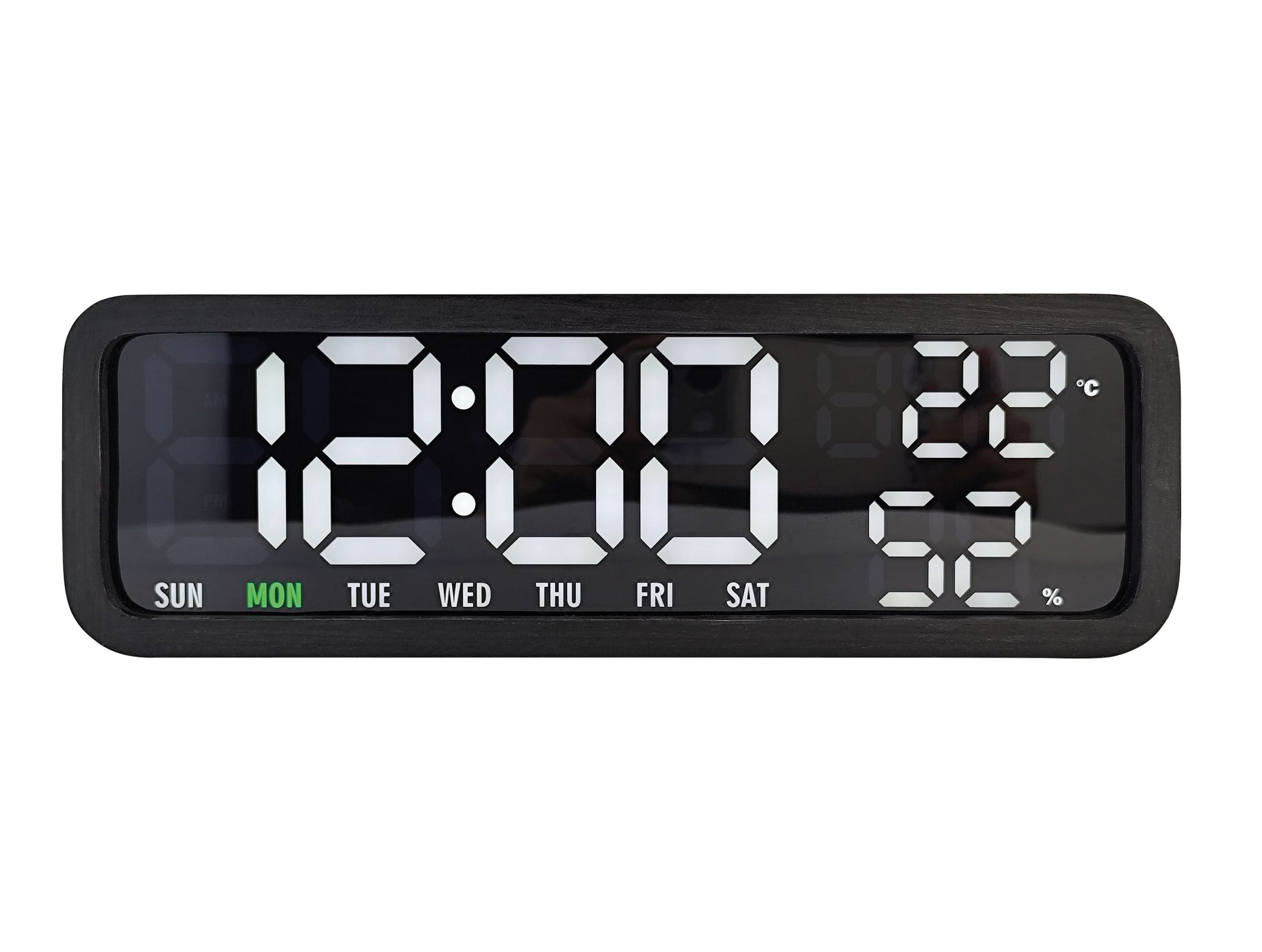 Digital väckarklocka med svart ram och stor digital display, veckodagsfält