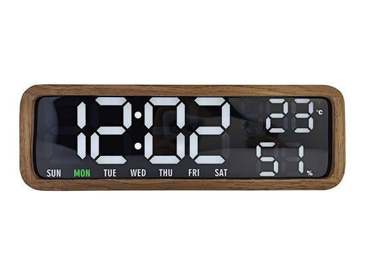 Digital väckarklocka med LED-display 12:02 och veckodagar i mörkt träkabinett