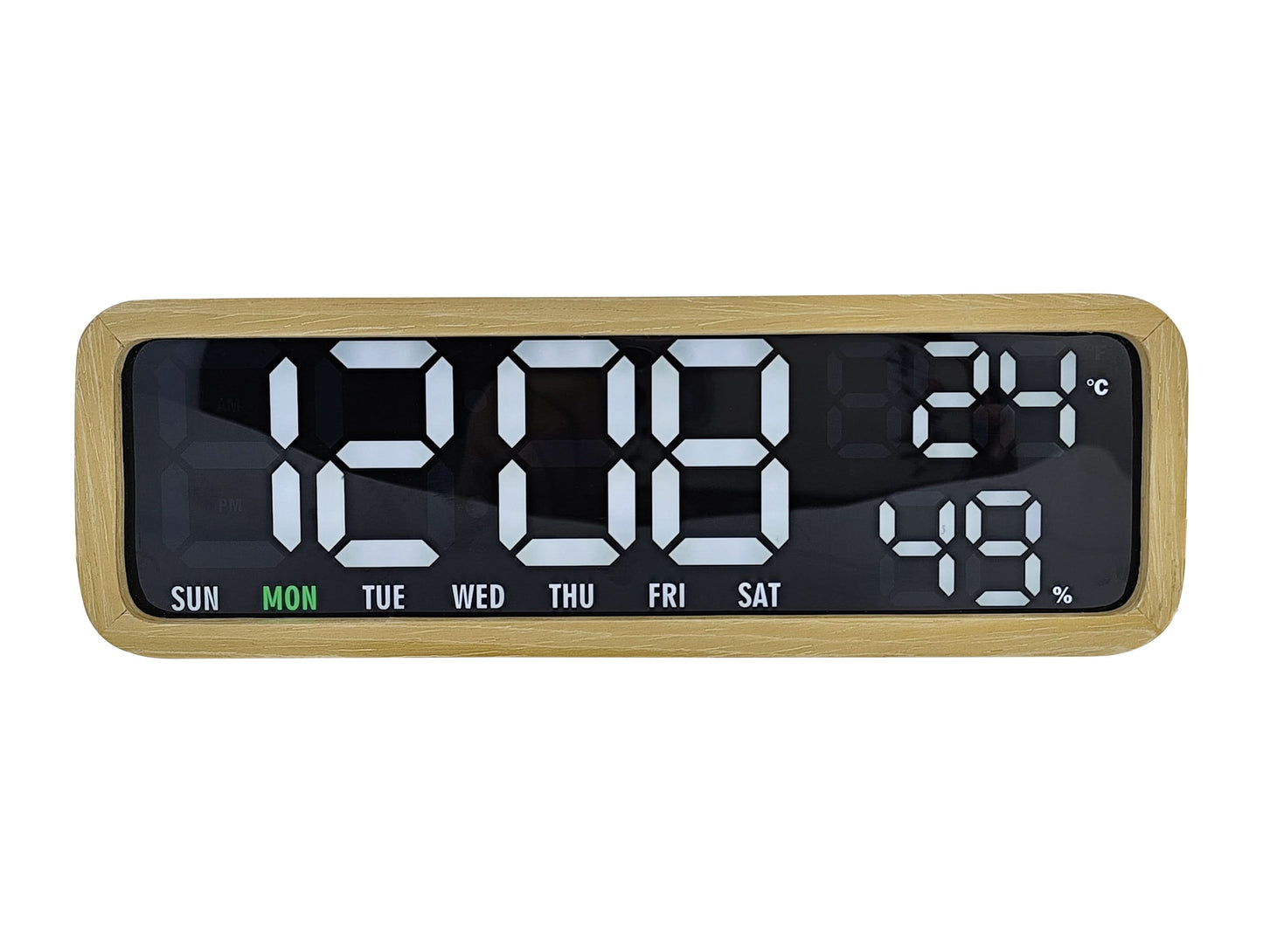 Digital LED-väckarklocka med träram, stor LED-display, visar tid och datum, 19:06.