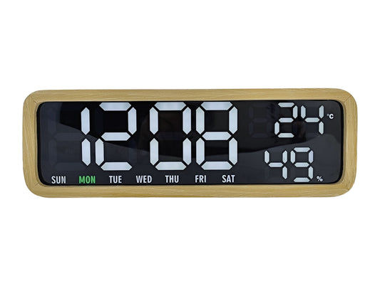 Digital LED-väckarklocka med träram, stor LED-display, visar tid och datum, 19:06.