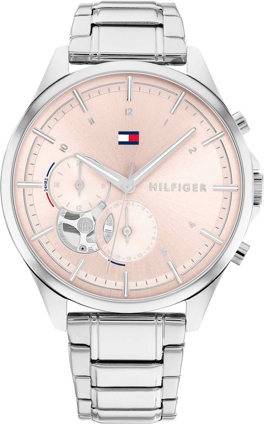 Tommy Hilfiger damklocka med silverfärgat armband i rostfritt stål, rund urtavla och månfas